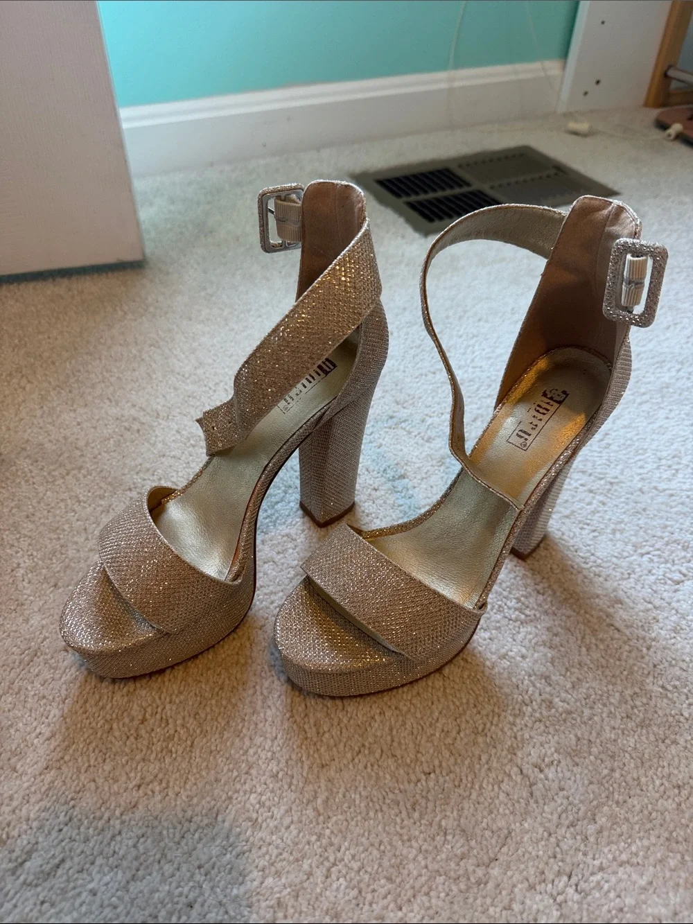 BCBG Glitter Platform Ankle-Strap Heels in Rose Gold